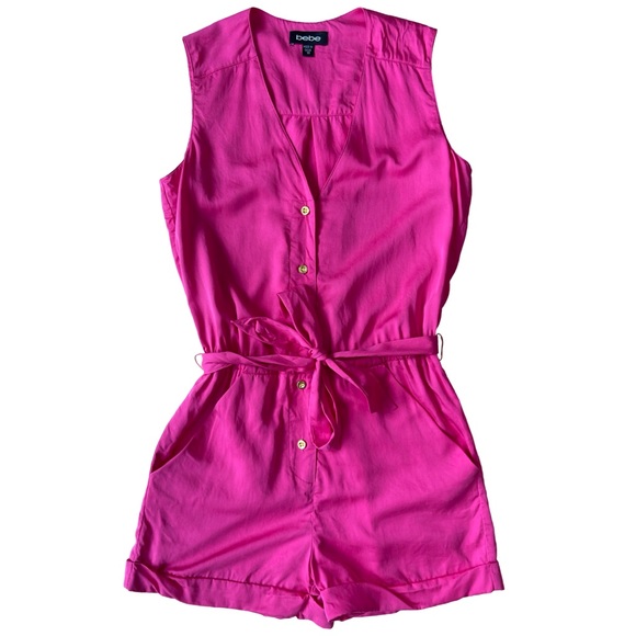 Bebe Hot Pink Sleeveless Belted Romper w/ Pockets - Y2K / Early 2000s - Size 00 - Picture 2 of 13